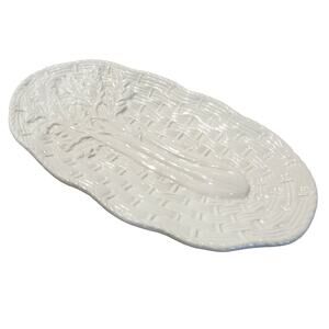 Celery Serving Dish Basket Weave White Pottery Wall Hanging Art Oval Plate Vtg